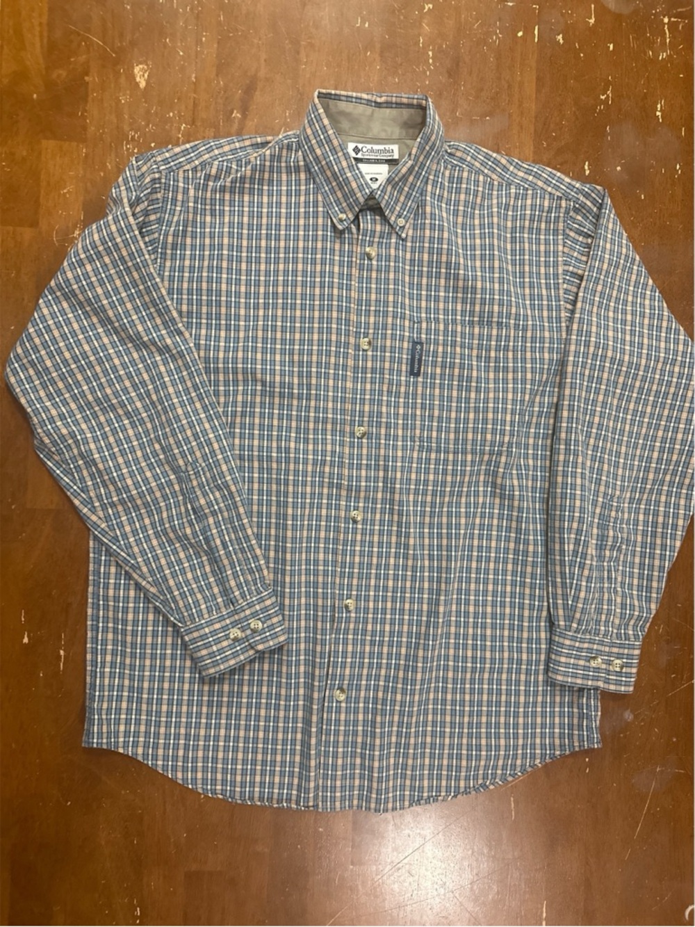 Columbia Men's Blue and Tan Plaid Button-Down Shirt 100% Cotton